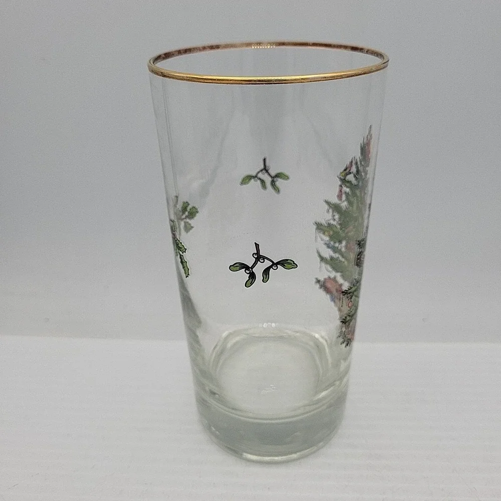 Spode Christmas Tree Glass Highball Gold Rim Mistletoe 5.5 Inch Made in UK